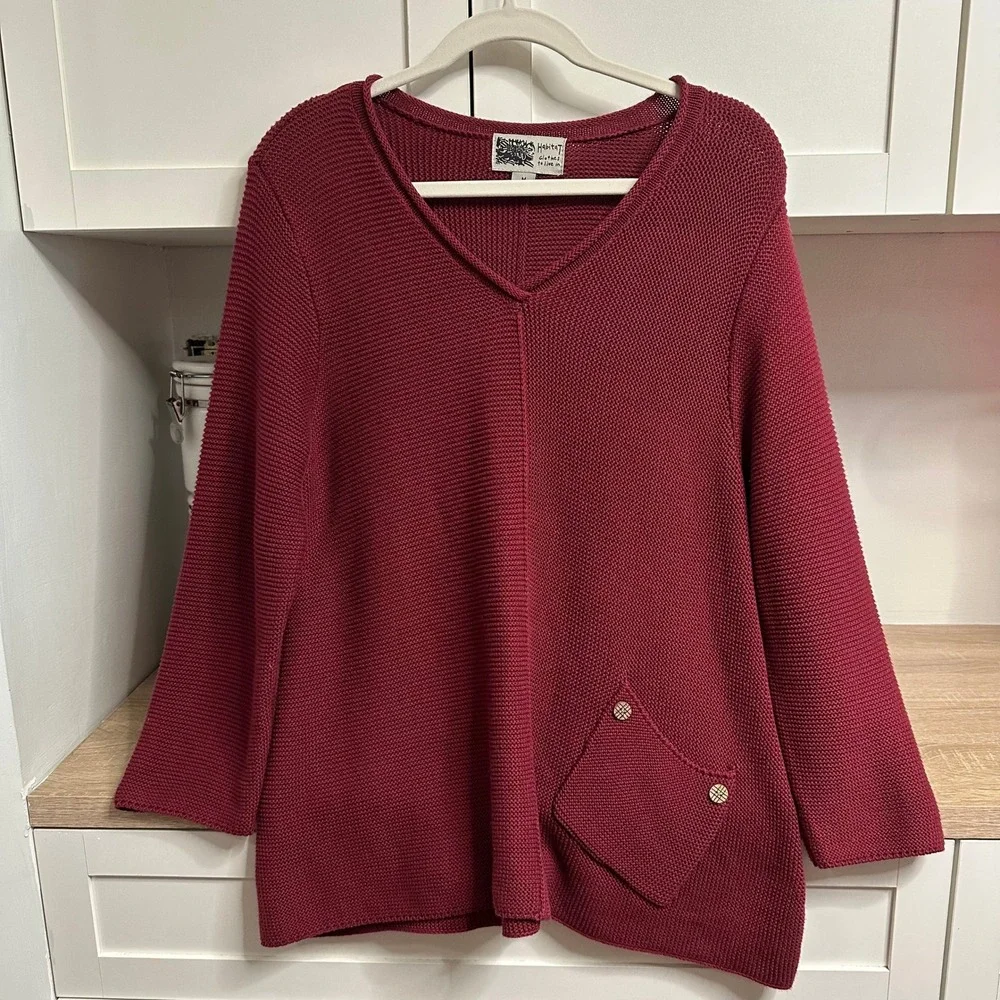 Habitat Clothes To Live In Sweater Womens M Red V-Neck Knit Pocket Asymmetrical